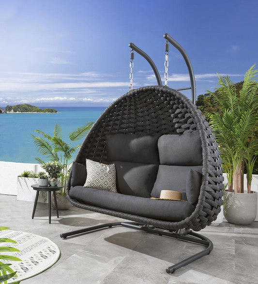 Armelle Double Seater Hanging Swing| With Stand For Outdoor (Dark Grey) Braided and Rope