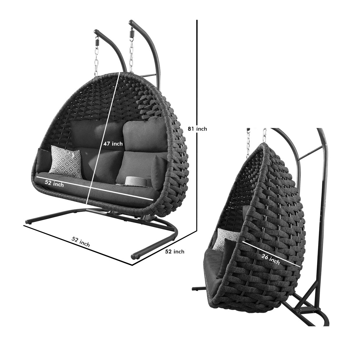 Armelle Double Seater Hanging Swing| With Stand For Outdoor (Dark Grey) Braided and Rope