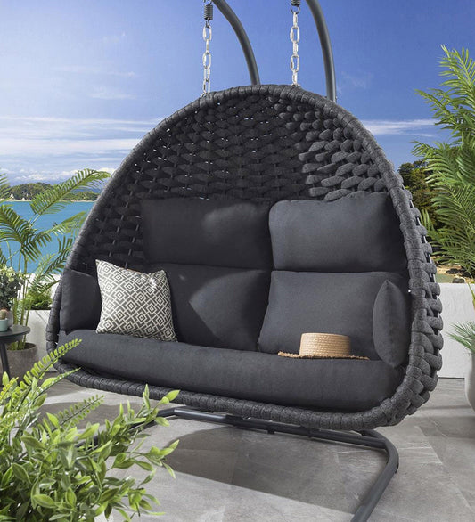 Armelle Double Seater Hanging Swing| With Stand For Outdoor (Dark Grey) Braided and Rope