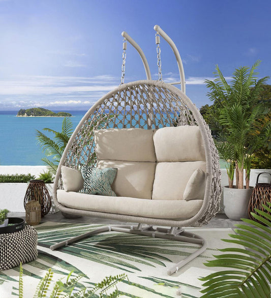 Lydie Double Seater Hanging Swing| With Stand For Outdoor (Natural) Braided and Rope
