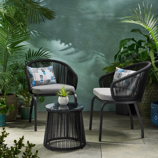 Maurizio Outdoor Patio Set| Durable Garden Furniture-2 Chairs + 1 Table Black Braided & Rope