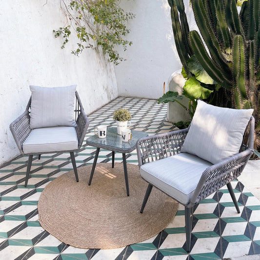Felice Outdoor Patio Set| Durable Garden Furniture-2 Chairs + 1 Table Grey Braided & Rope