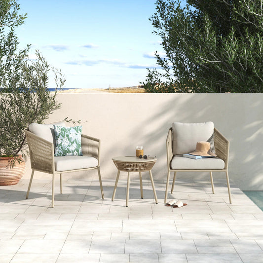 Mateo Outdoor Patio Set| Durable Garden Furniture-2 Chairs + 1 Table Beige Braided & Rope