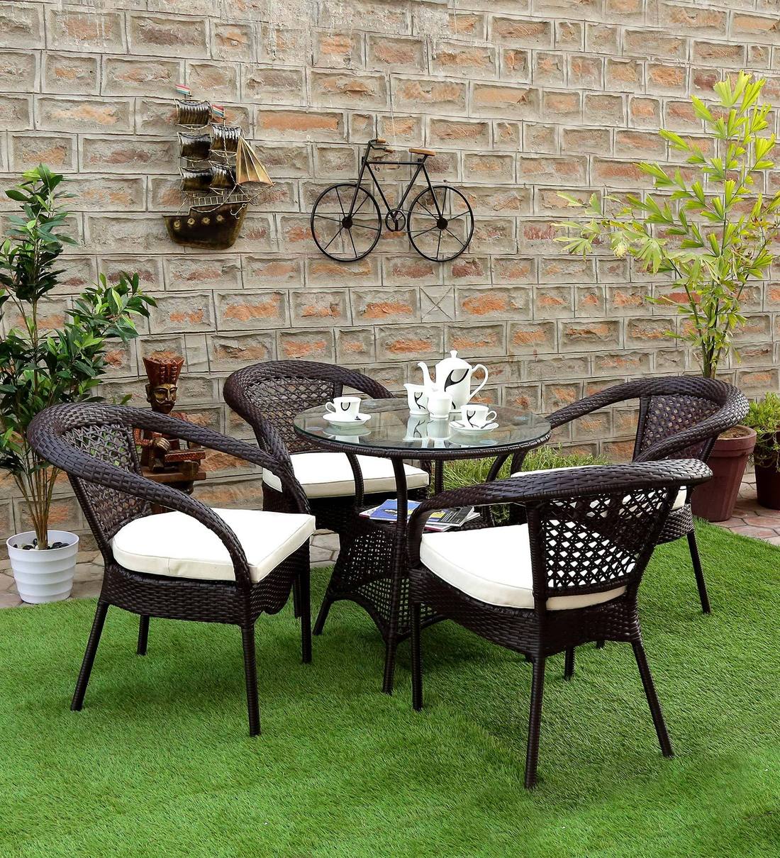 Galano Outdoor Patio Set| Durable Garden Furniture-4 Chairs + 1 Table Brown