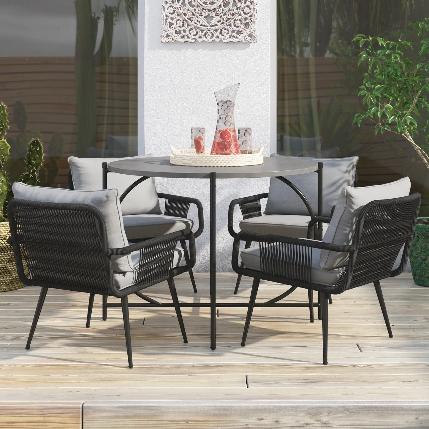 Canal Outdoor Patio Set| Durable Garden Furniture-4 Chairs + 1 Table Braided And Rope Black