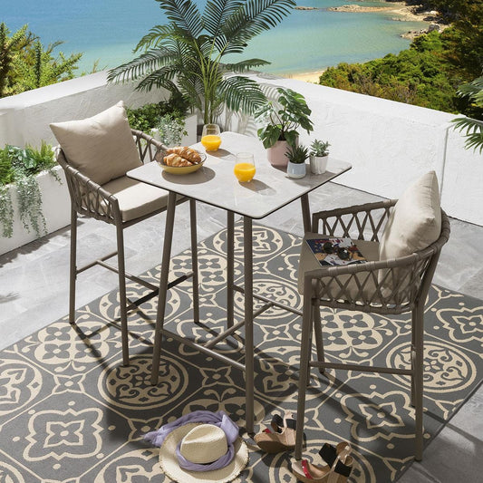 Akihiko Outdoor Bar Set| Durable Garden Furniture-2 Chairs + 1 Table Braided & Rope Beige
