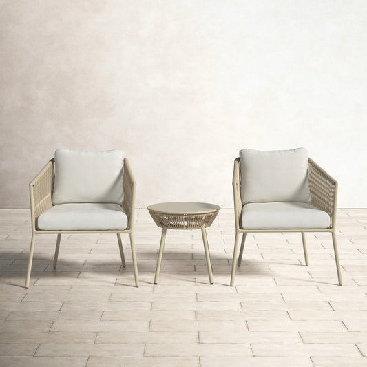Mateo Outdoor Patio Set| Durable Garden Furniture-2 Chairs + 1 Table Beige Braided & Rope