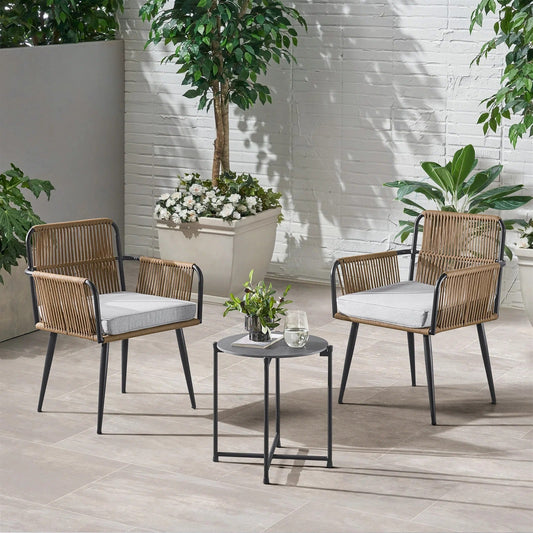 Benigna Outdoor Patio Set| Durable Garden Furniture-2 Chairs + 1 Table Tan Braided & Rope