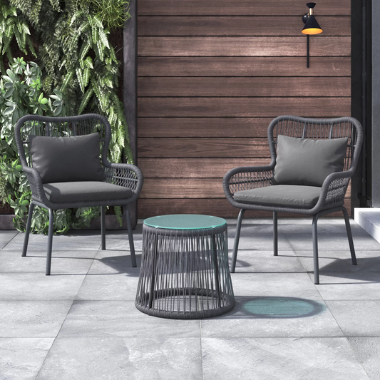 Vallez Outdoor Patio Set| Durable Garden Furniture-2 Chairs + 1 Table Grey Braided & Rope
