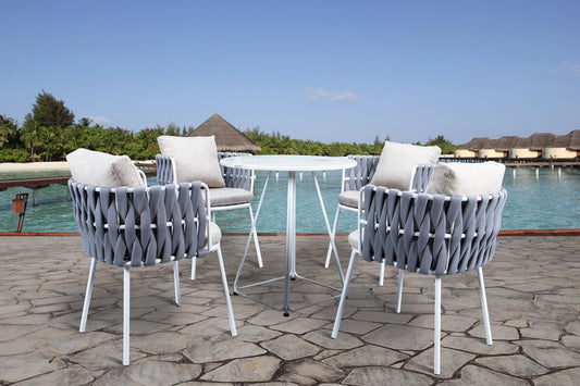 Feria Outdoor Patio Set| Durable Garden Furniture-4 Chairs + 1 Table Braided And Rope Silver