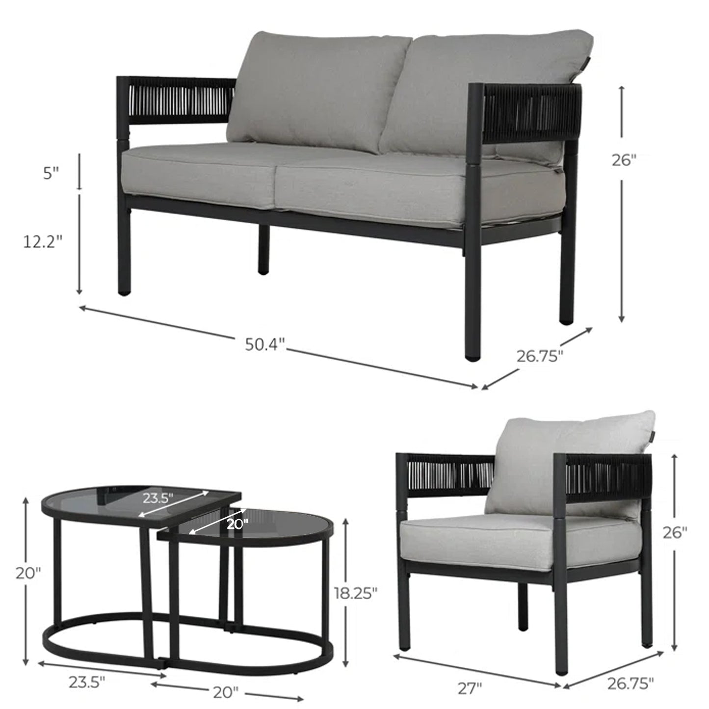 Liesel Outdoor Garden Balcony 4 Seater Sofa Set Braided and Rope-Black