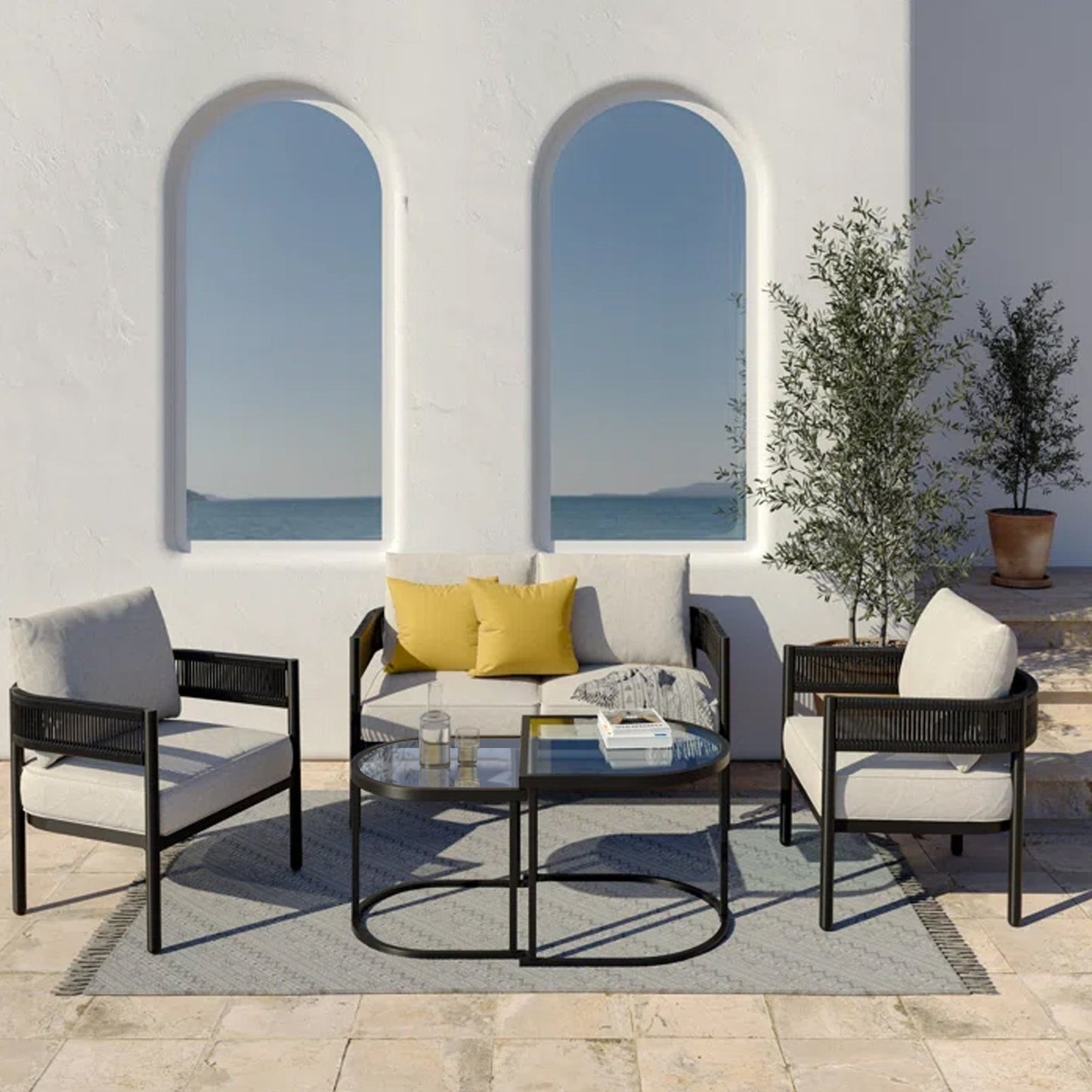 Liesel Outdoor Garden Balcony 4 Seater Sofa Set Braided and Rope-Black