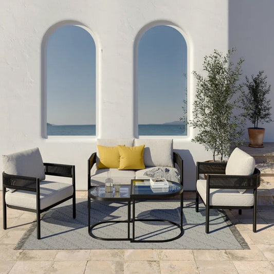 Liesel Outdoor Garden Balcony 4 Seater Sofa Set Braided and Rope-Black