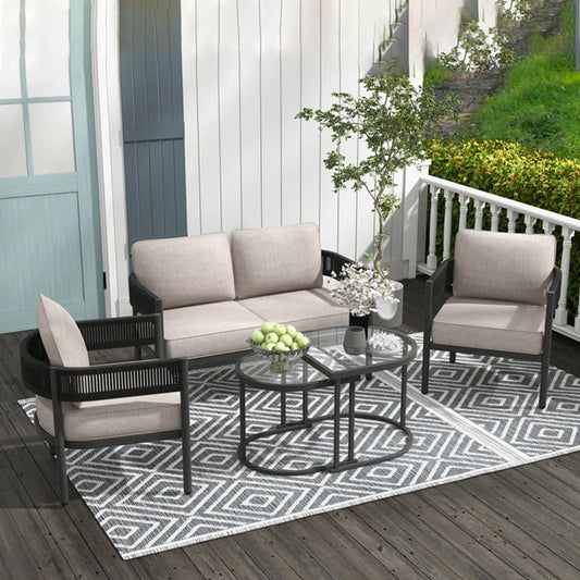 Liesel Outdoor Garden Balcony 4 Seater Sofa Set Braided and Rope-Black