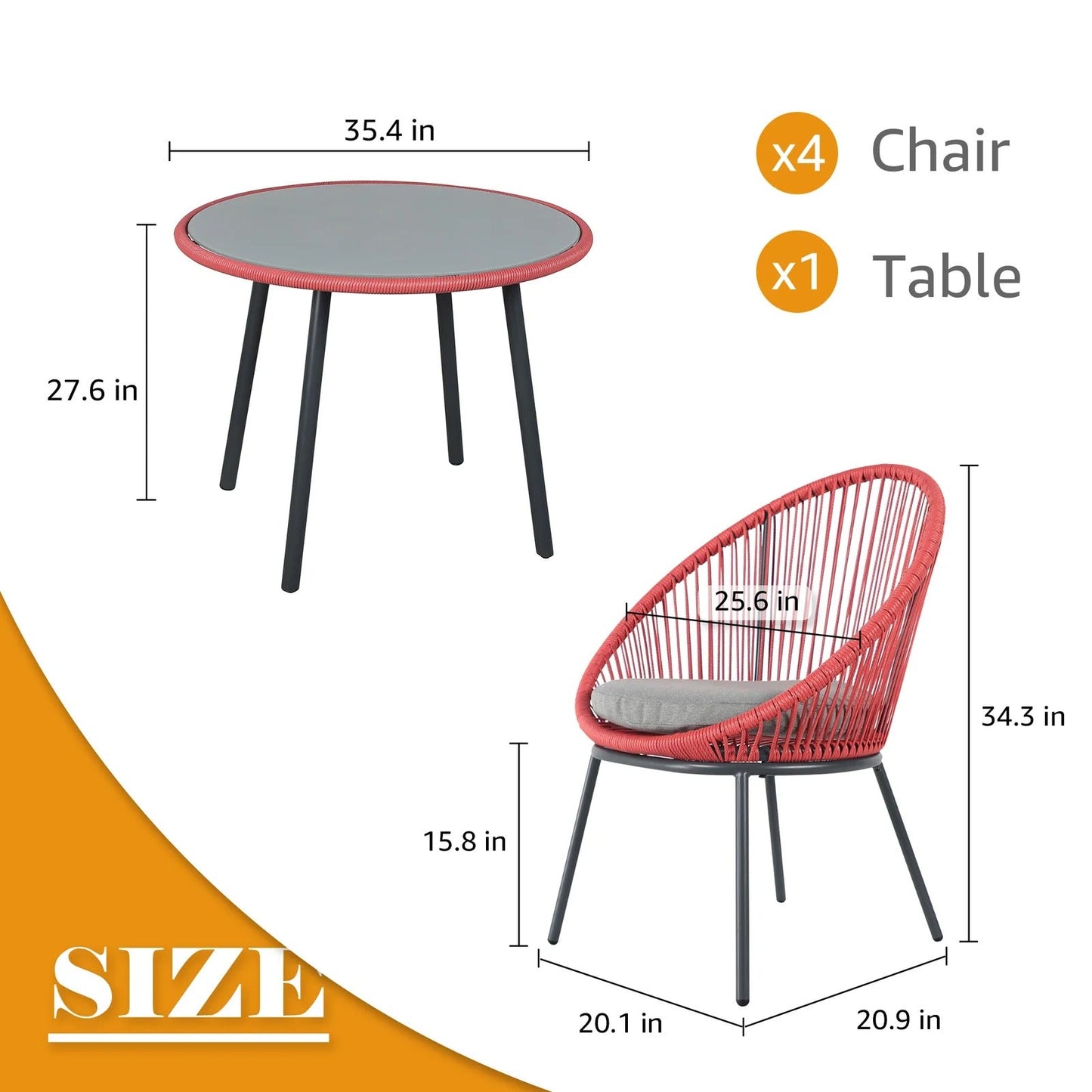 Mireia Outdoor Patio Set| Durable Garden Furniture-4 Chairs + 1 Table Light Red
