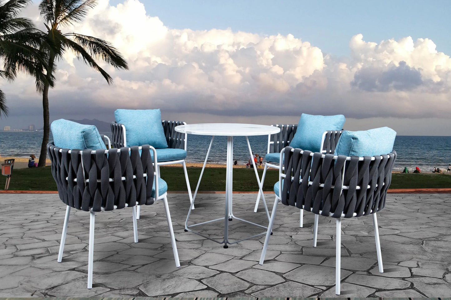 Orbe Outdoor Patio Set| Durable Garden Furniture-4 Chairs + 1 Table Braided And Rope Dark Grey