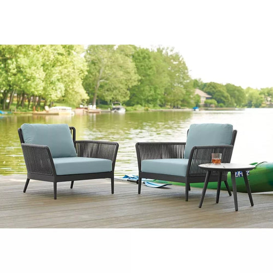 Baez Outdoor Patio Set| Durable Garden Furniture-2 Chairs + 1 Table Grey-Blue Braided & Rope