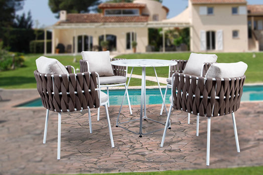 Carlos Outdoor Patio Set| Durable Garden Furniture-4 Chairs + 1 Table Braided And Rope Dark Brown