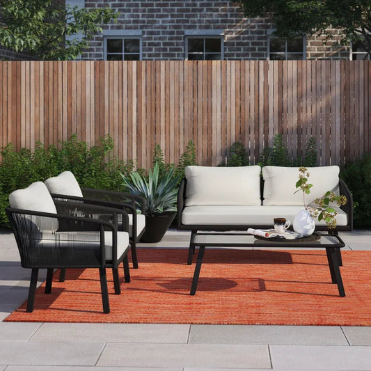 Hilbert Outdoor Garden Balcony 4 Seater Sofa Set Braided and Rope-Black