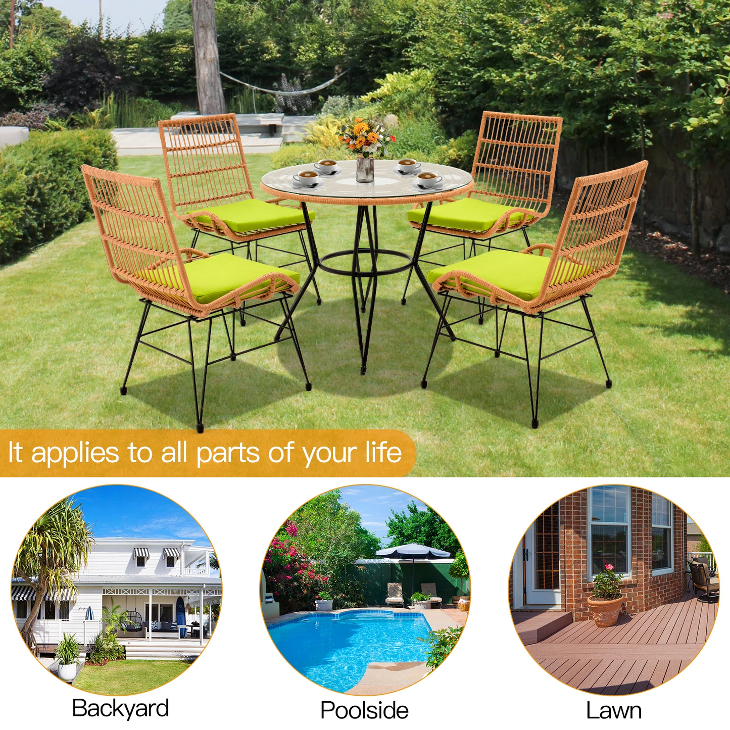 Galindo Outdoor Patio Set| Durable Garden Furniture-4 Chairs + 1 Table Honey