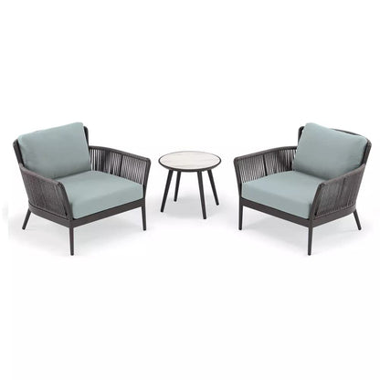 Baez Outdoor Patio Set| Durable Garden Furniture-2 Chairs + 1 Table Grey-Blue Braided & Rope