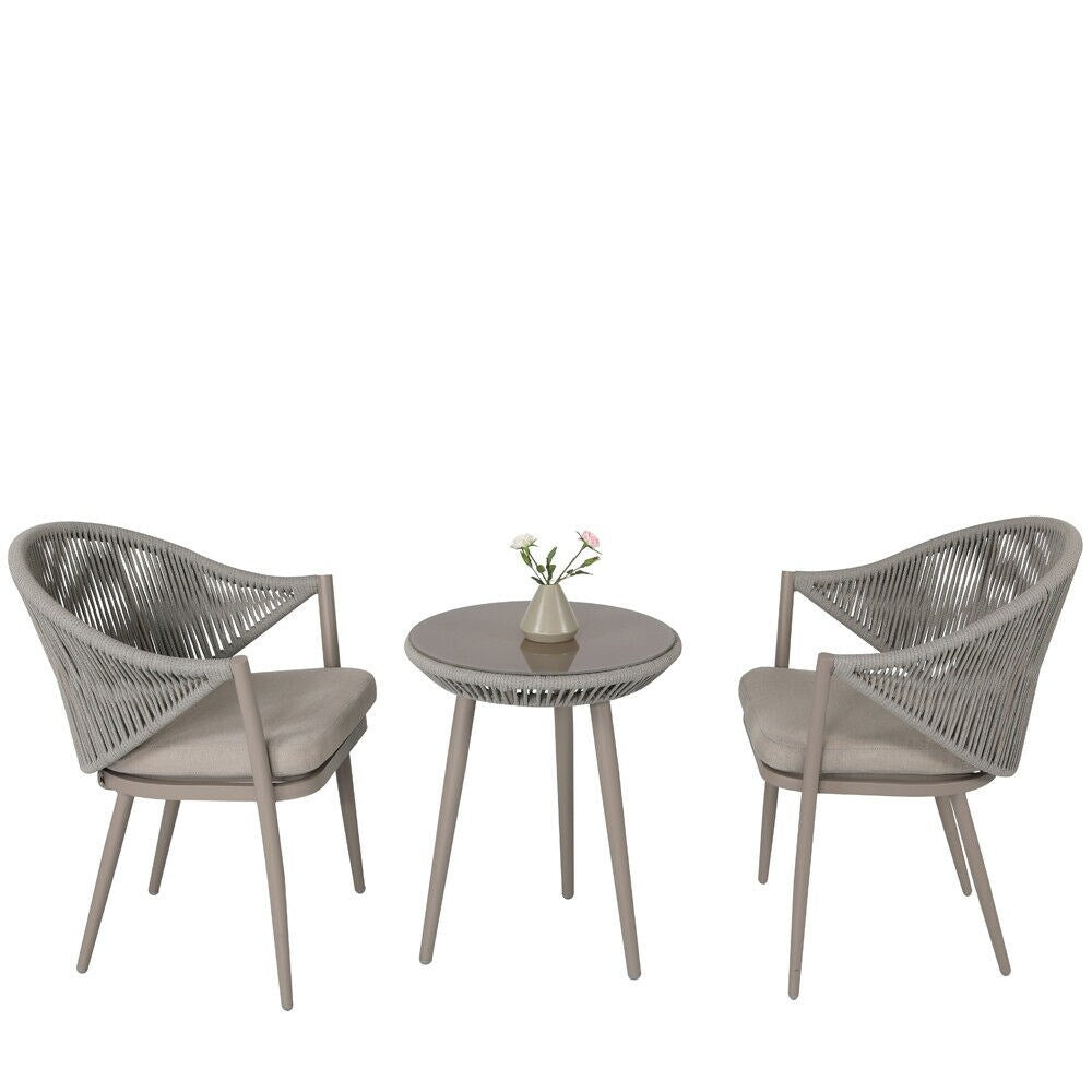 Alita Outdoor Patio Set| Durable Garden Furniture-2 Chairs + 1 Table Grey Braided & Rope