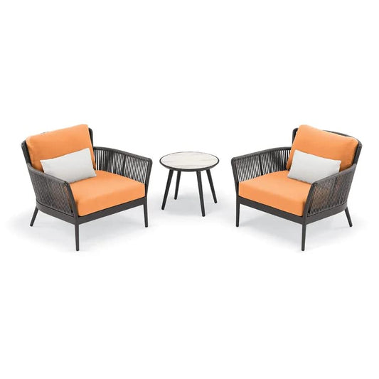 Fabián Outdoor Patio Set| Durable Garden Furniture-2 Chairs + 1 Table Grey-Orange Braided & Rope