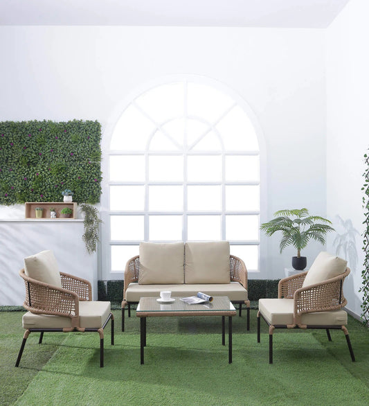 Merten Outdoor Garden Balcony 4 Seater Sofa Set Braided and Rope-Natural