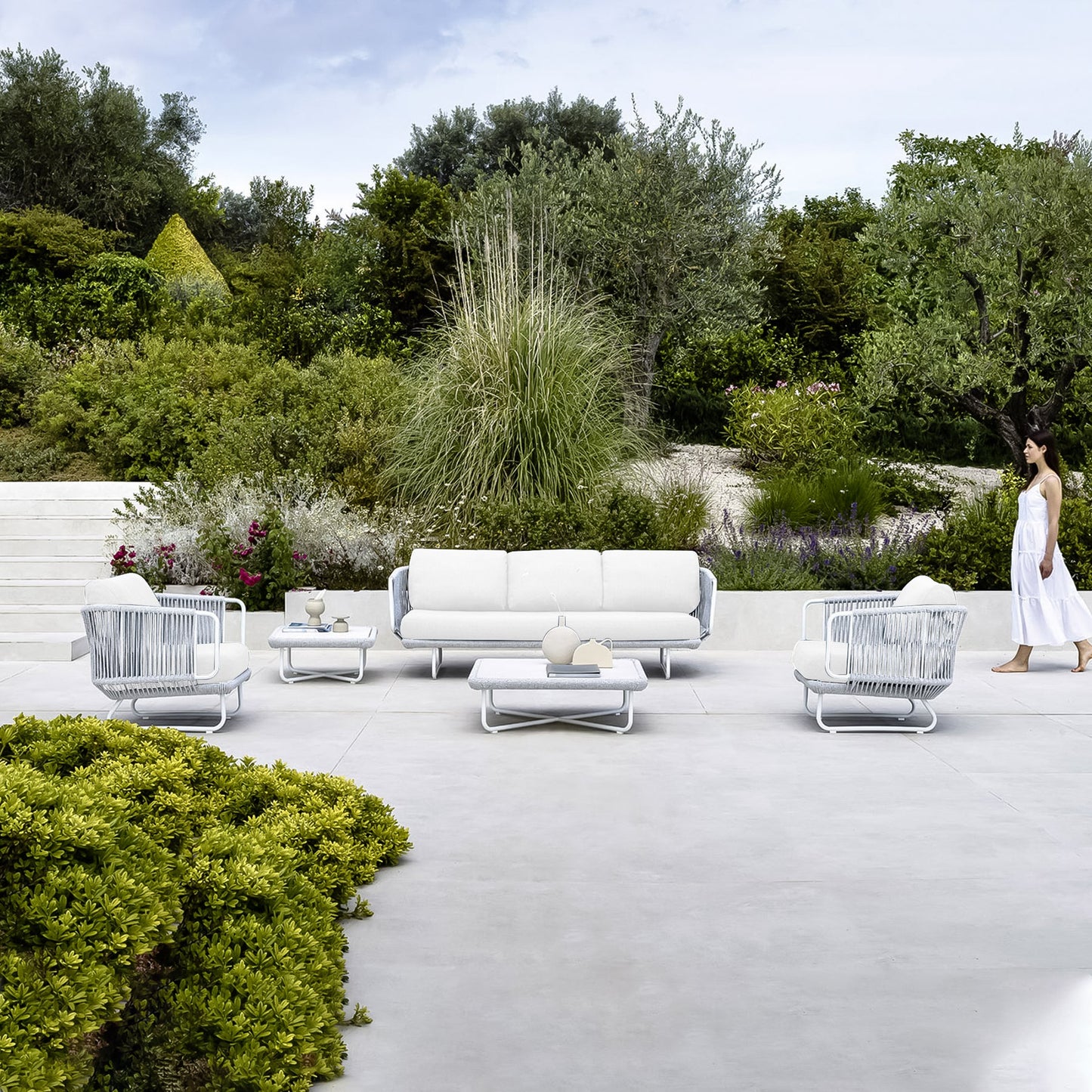 Erim Outdoor Garden Balcony 5 Seater Sofa Set- Grey & White Braided and Rope