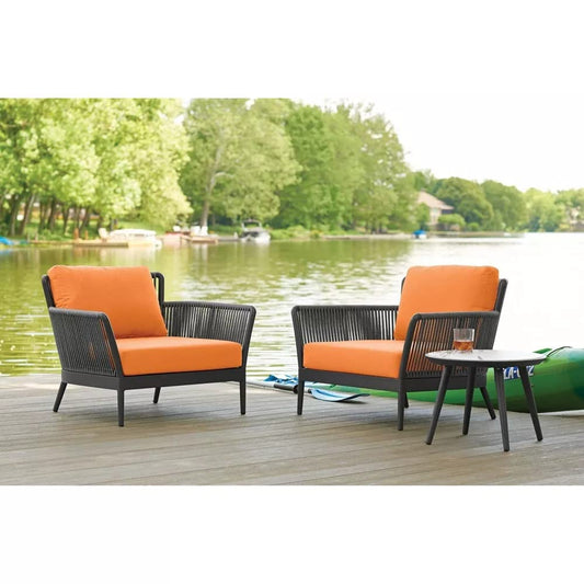 Fabián Outdoor Patio Set| Durable Garden Furniture-2 Chairs + 1 Table Grey-Orange Braided & Rope