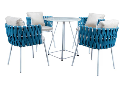 Galindez Outdoor Patio Set| Durable Garden Furniture-4 Chairs + 1 Table Braided And Rope Blue
