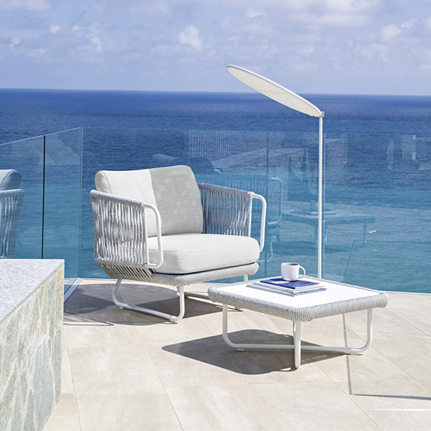 Erim Outdoor Garden Balcony 5 Seater Sofa Set- Grey & White Braided and Rope