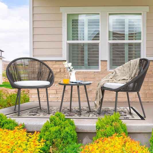 Paca Outdoor Patio Set| Durable Garden Furniture-2 Chairs + 1 Table Dark Grey Braided & Rope
