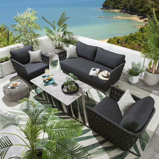 Wenzel Outdoor Garden Balcony 4 Seater Sofa Set Braided and Rope-Grey