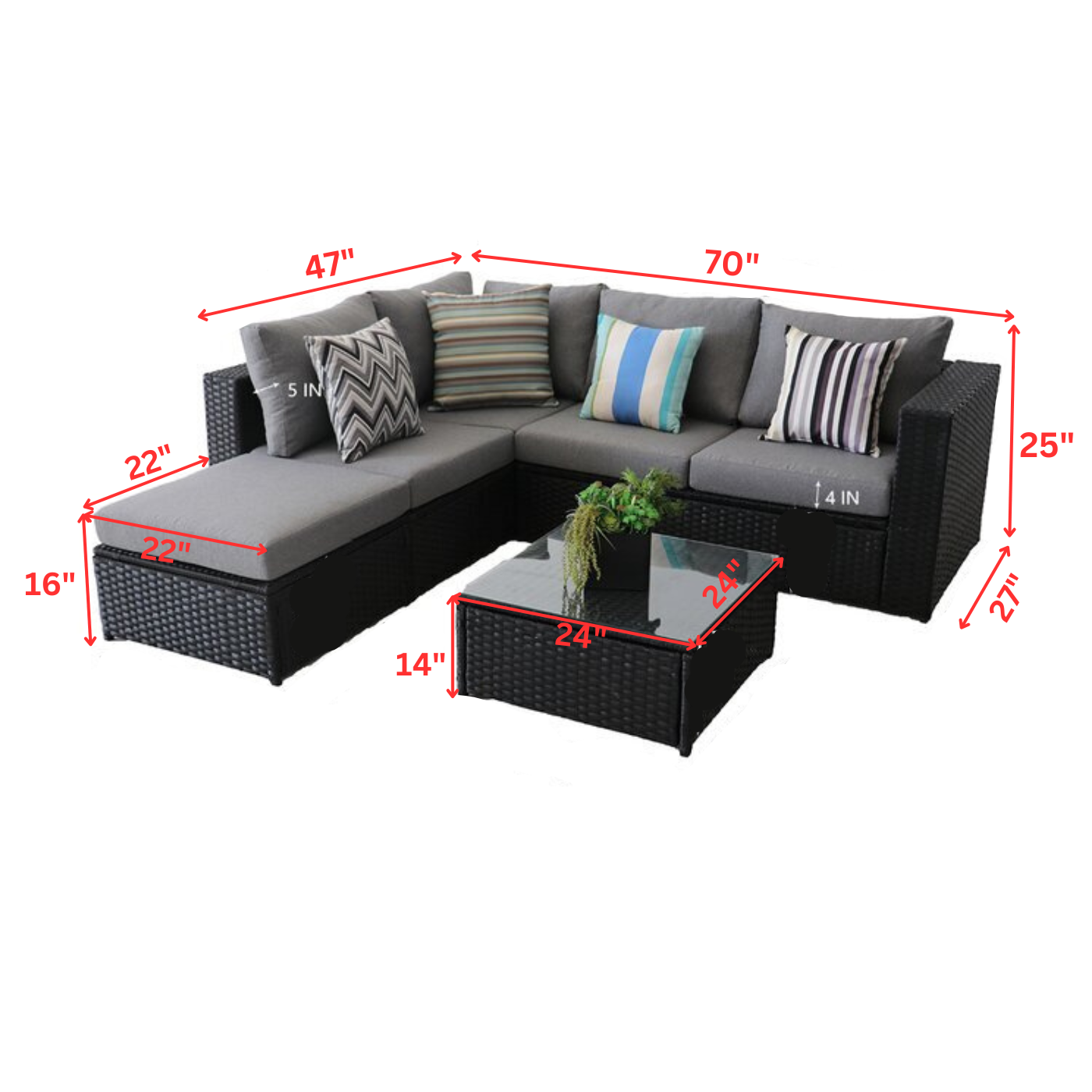 Azra Outdoor Garden Balcony 5 Seater Sofa Set- Black