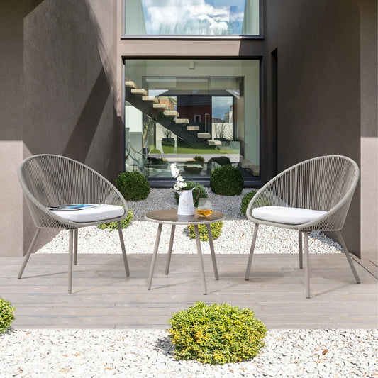 Perlita Outdoor Patio Set| Durable Garden Furniture-2 Chairs + 1 Table Grey Braided & Rope