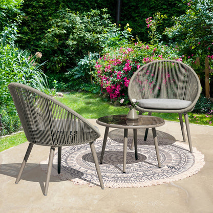 Perlita Outdoor Patio Set| Durable Garden Furniture-2 Chairs + 1 Table Grey Braided & Rope