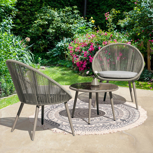 Perlita Outdoor Patio Set| Durable Garden Furniture-2 Chairs + 1 Table Grey Braided & Rope