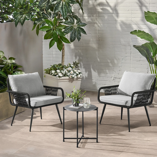 Amore Outdoor Patio Set| Durable Garden Furniture-2 Chairs + 1 Table Black Braided & Rope