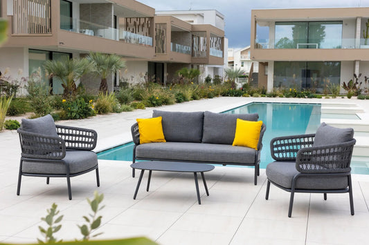 Liese Outdoor Garden Balcony 4 Seater Sofa Set Braided and Rope-Light Grey