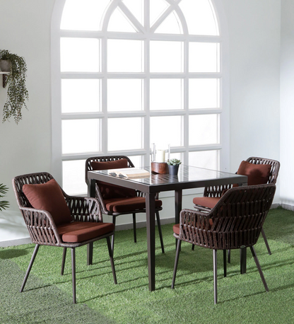 Rada Outdoor Patio Set| Durable Garden Furniture-4 Chairs + 1 Table Braided And Rope Brown