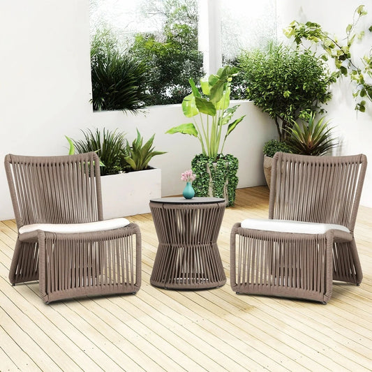 Ioann Outdoor Patio Set| Durable Garden Furniture-2 Chairs + 1 Table Braided and Rope Light Brown