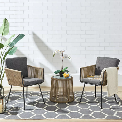 Enrico Outdoor Patio Set| Durable Garden Furniture-2 Chairs + 1 Table Beige Braided & Rope