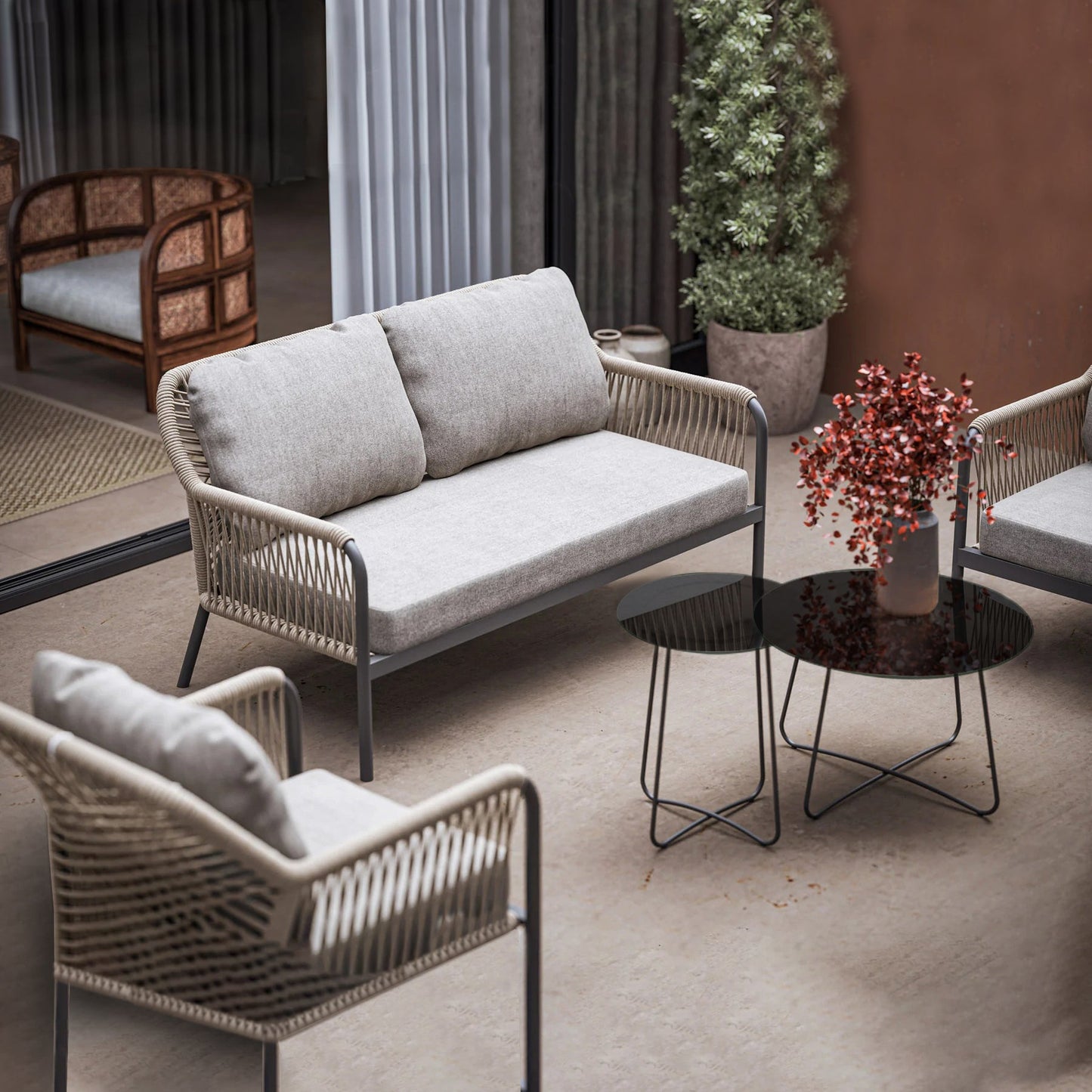 Klara Outdoor Garden Balcony 4 Seater Sofa Set Braided and Rope-Natural