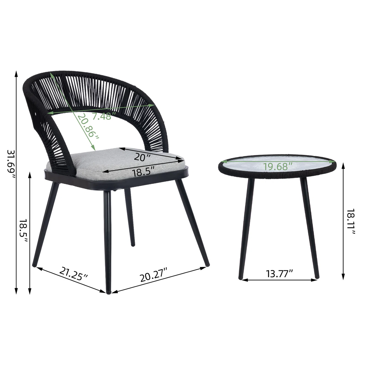 Morozov Outdoor Patio Set| Durable Garden Furniture-2 Chairs + 1 Table Braided and Rope Black
