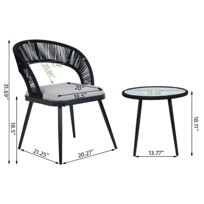 Morozov Outdoor Patio Set| Durable Garden Furniture-2 Chairs + 1 Table Braided and Rope Black